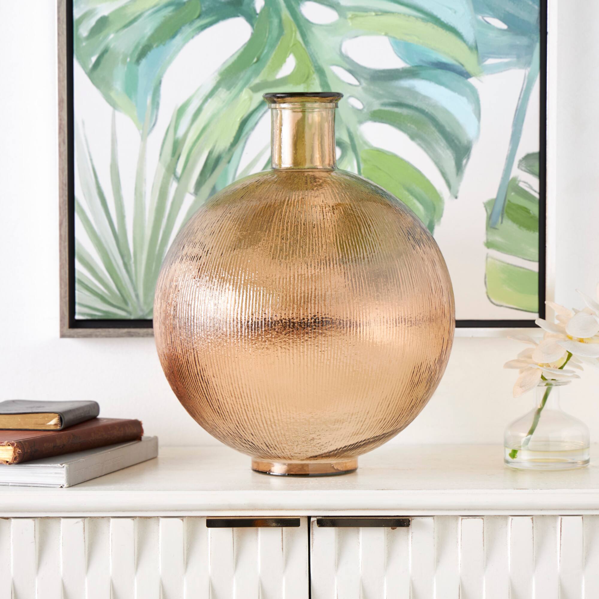 17" Brown Ribbed Spanish Bottle Recycled Glass Vase